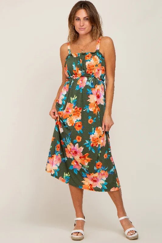 Olive Floral Square Neck Ruffle Midi Dress Off-shoulder midi dresses