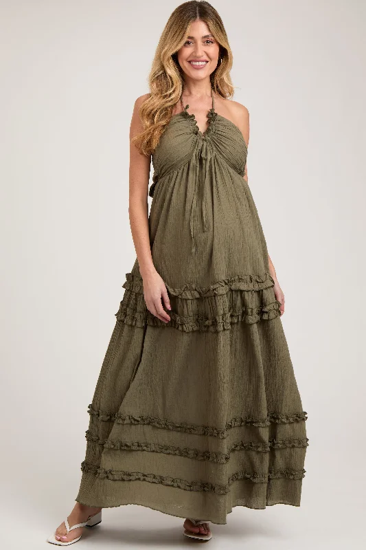 Olive Ruffle Ruched Deep V-Neck Maternity Maxi Dress Glamorous maxi dresses