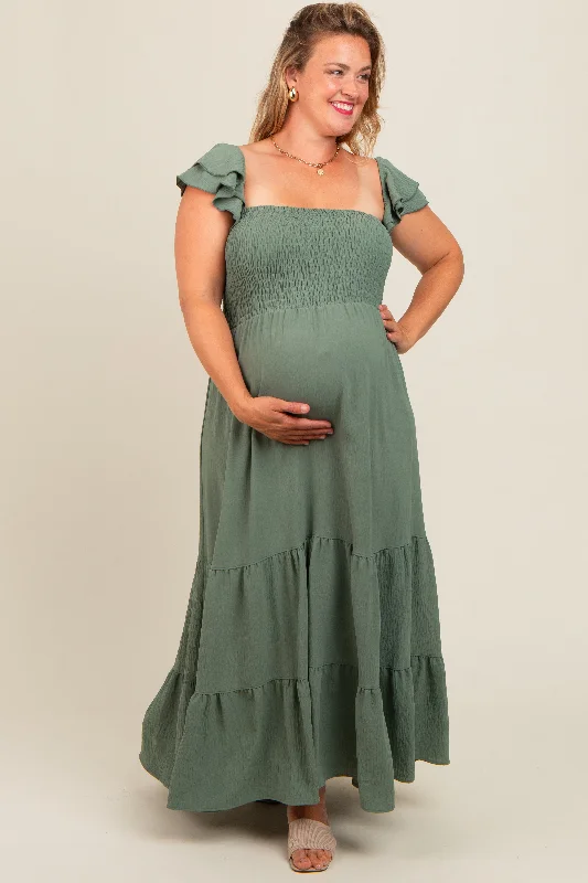 Olive Smocked Ruffle Layered Short Sleeve Tiered Maternity Maxi Dress Bodycon maxi dresses