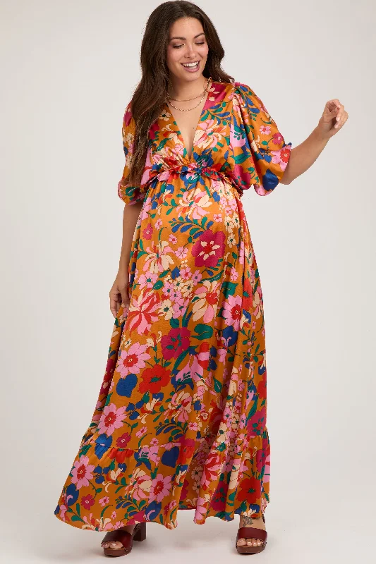 Orange Floral Satin Deep V-Neck Puff Sleeve Maternity Maxi Dress Winter maxi dresses