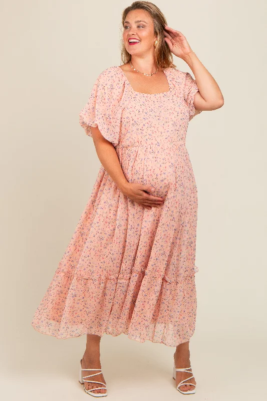 Peach Floral Ruffle Hem Maternity Plus Maxi Dress Cotton maxi dresses