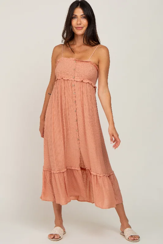 Peach Smocked Button Accent Midi Dress Best midi dresses for summer vacation