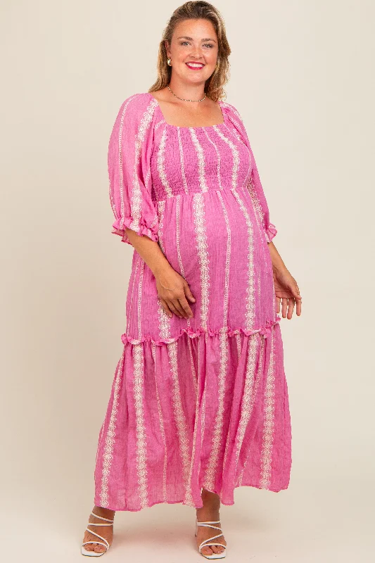 Pink Embroidered Detail Smocked Top Plus Maternity Maxi Dress New Year's Eve maxi dresses