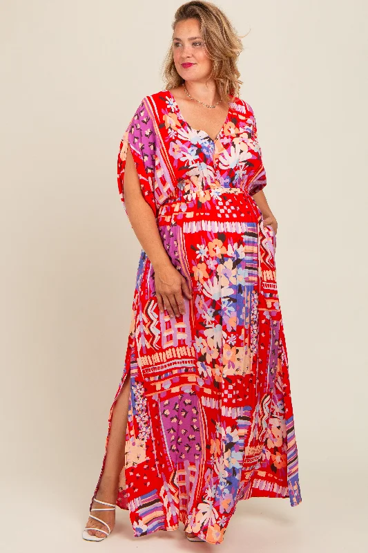 Red Mixed Print Bell Sleeve Plus Maternity Maxi Dress Spring maxi dresses