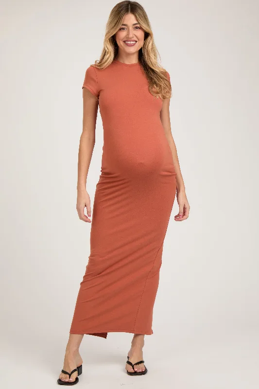 Rust Fitted Short Sleeve Maternity Maxi Dress Halter maxi dresses