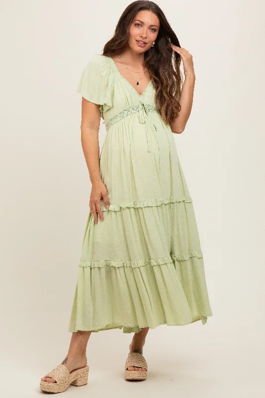 Sage Crochet Lace Tiered Ruffle Maternity Maxi Dress Versatile maxi dresses for all occasions