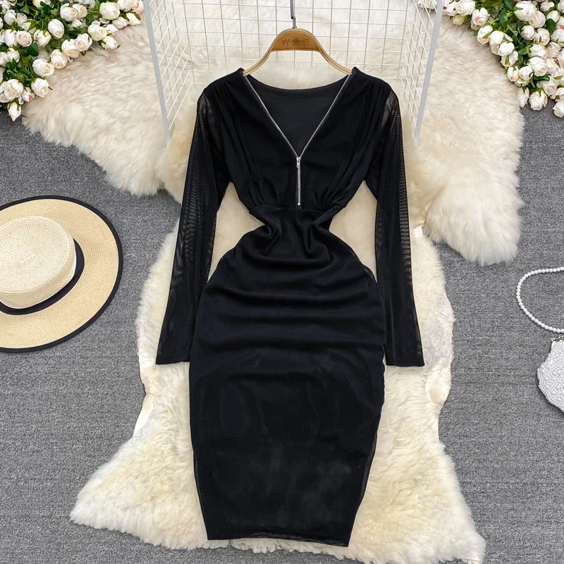 Sexy Hong Kong Style zipper split hip long sleeve V-neck dress  3788 Best maxi dresses for summer vacation