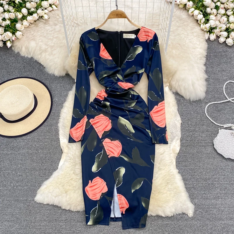 Sexy waist closing V-neck open hip wrap dress long sleeve  3787 Comfortable maxi dresses for everyday wear