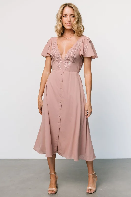 Swan Bead Embroidered Midi Dress | Dusty Rose Knitted midi dresses