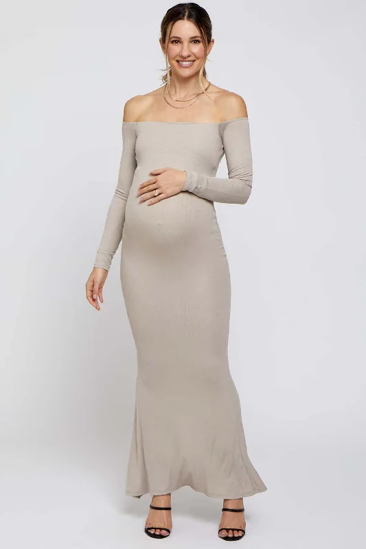 Taupe Ribbed Off Shoulder Long Sleeve Maternity Maxi Dress Boohoo maxi dresses