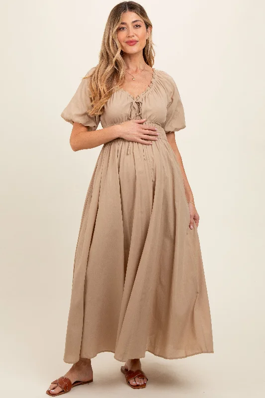 Taupe Smocked Puff Sleeve Maternity Maxi Dress Lace maxi dresses