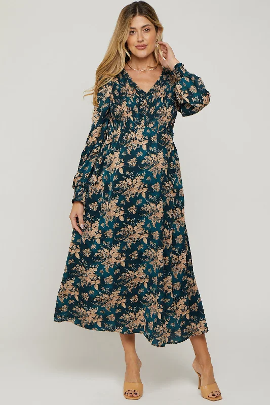 Teal Floral Long Sleeve Maternity Maxi Dress Leather maxi dresses