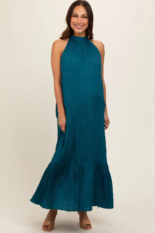 Teal Textured Halter Tie Maternity Maxi Dress Festival maxi dresses