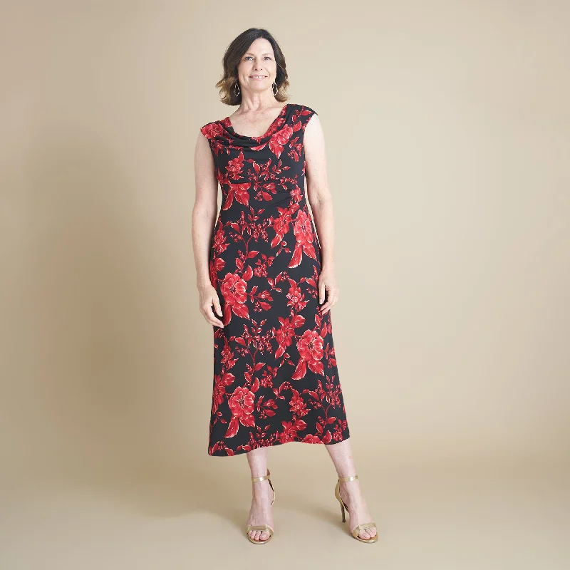 Tonya Red Floral Cowl Neck Midi Dress Designer midi dresses