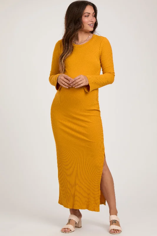 Yellow Ribbed Side Slit Maternity Maxi Dress Designer maxi dresses