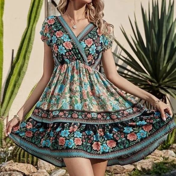 Allover Floral Print V-Neck Ruffle Hem Dress Best floral dresses for casual outings