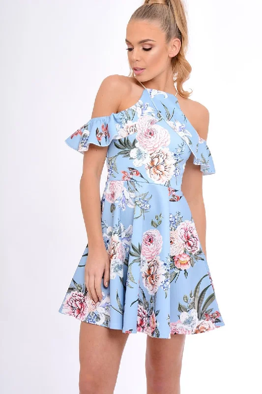 Blue Floral Cold Shoulder Skater Dress - Zoey Affordable floral dresses