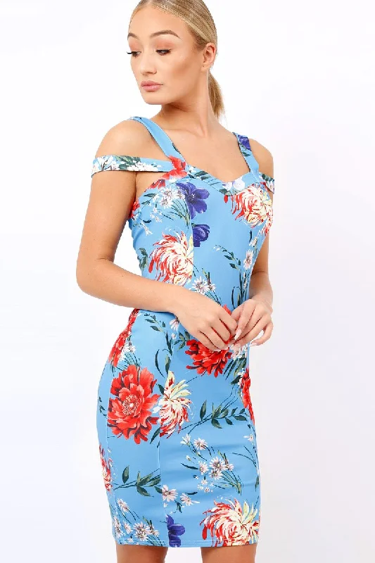 Blue Floral Cross Over Strap Dress - Briony New Year's Eve floral dresses