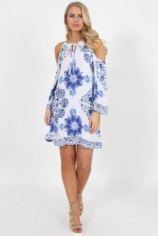 Blue Floral Print Cold Shoulder Dress - Penelope Brunch floral dresses