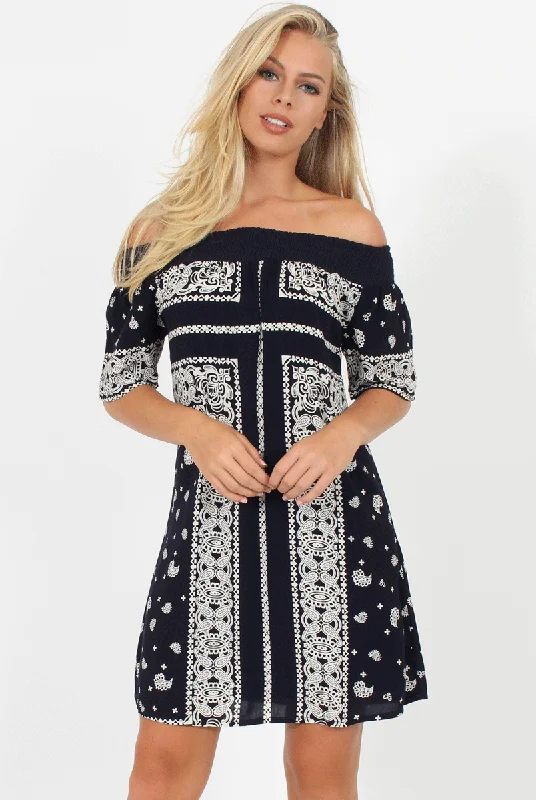 Blue Paisley Print Bardot Dress - Penny Tiered floral dresses