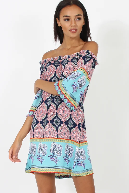 Blue Paisley Print Bardot Frill Trim Dress - Tanya A-line floral dresses