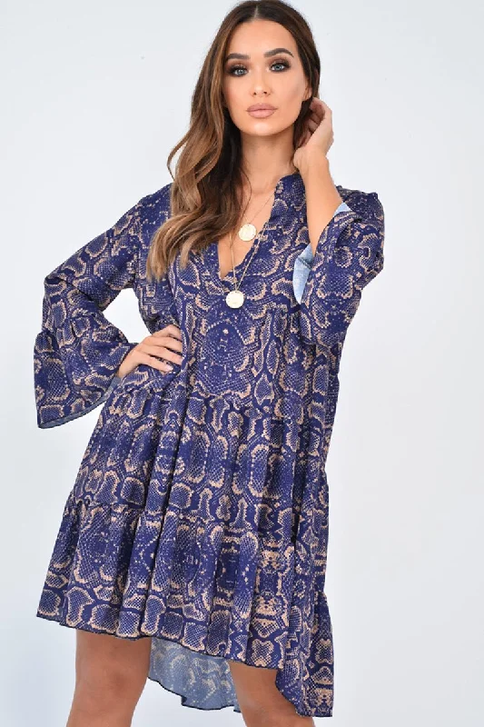 Blue Snake Print Plunge Flute Sleeve Shift Dress - Olesya Stretchy floral dresses