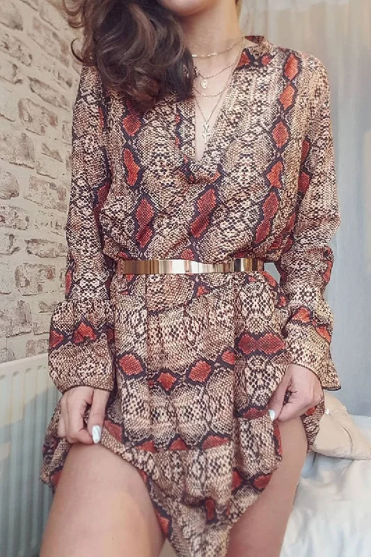 Brown And Red Snake Print Plunge Flute Sleeve Shift Dress - Olesya Revolve floral dresses