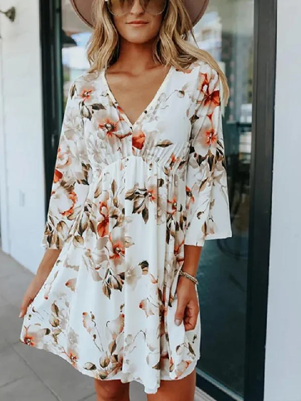 Floral V-Neck Three-Quarter Sleeve Dress Wrap floral dresses