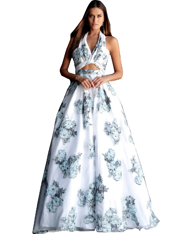 Jovani Ivory Blue Print Halter Neckline Prom Ballgown Dress Midi floral dresses