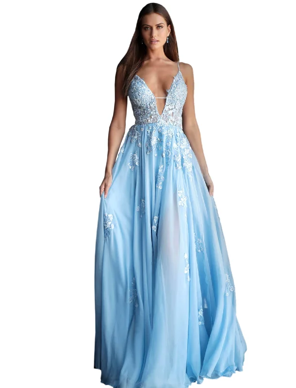 Jovani Light Blue Floral Embroidered Plunging Neckline Prom Dress Chiffon floral dresses