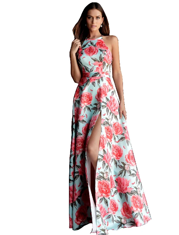 Jovani Tiffany Print Criss Cross Back Satin Prom Dress Shein floral dresses