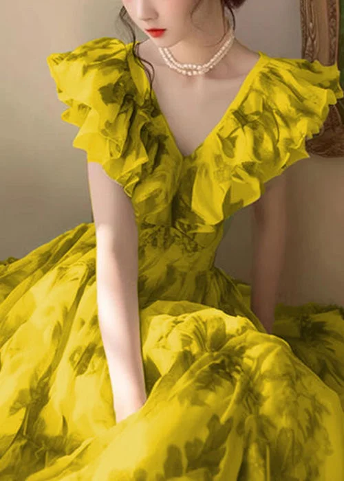 Novelty Yellow V Neck Print High Waist Dresses Sleeveless QT055 Maternity floral dresses