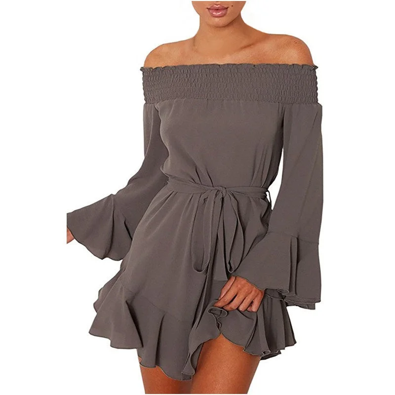 Autumn Long Flare Sleeve | A-Line Off Shoulder Dress | Women Mini Dress Colorblock Mini Skirt