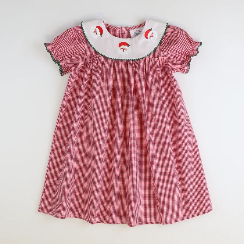 Embroidered Santa Face Bib Dress - Red Mini Gingham Front Pocket Mini Skirt