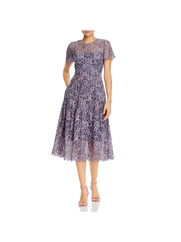 Womens Lace Overlay Short Sleeve Fit & Flare Dress Skirt with Buttons