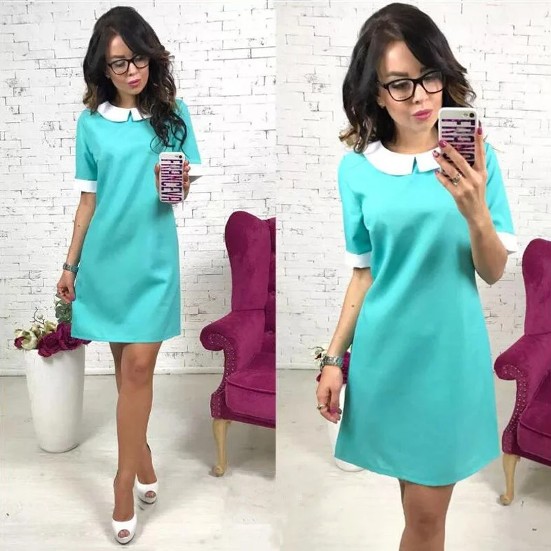 Women's Office Dress | Spring Dress | Short Sleeve White Collar Casual Dress White Mini Skirt