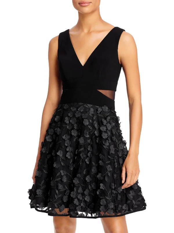 Womens V-Neck Mini Cocktail and Party Dress Lace Detail Mini Skirt