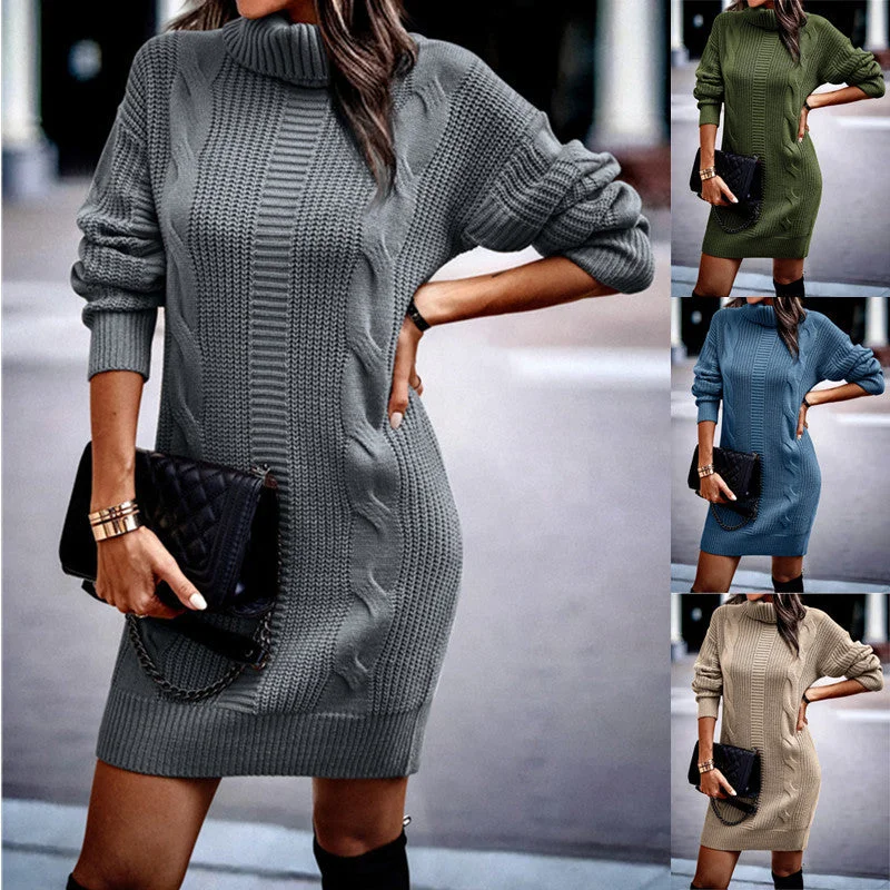 Autumn and Winter High Neck Long Sleeve Bodycon Sweater Dress Pleated Maxi Skirt