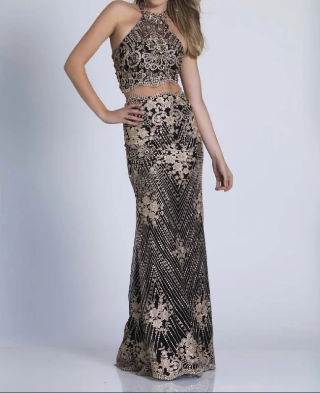 Beaded Two Piece Gown In Black And Gold Earthy tone unclassified dresses