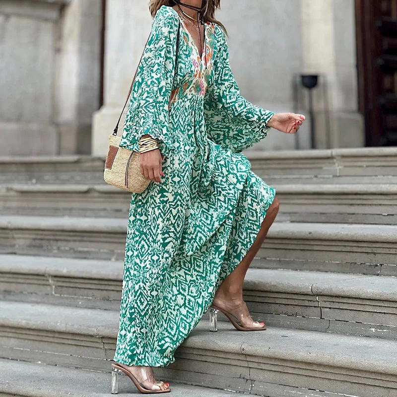 Casual V-Neck Long Sleeve Mid-Length Printed Dress V-neck Maxi Skirt