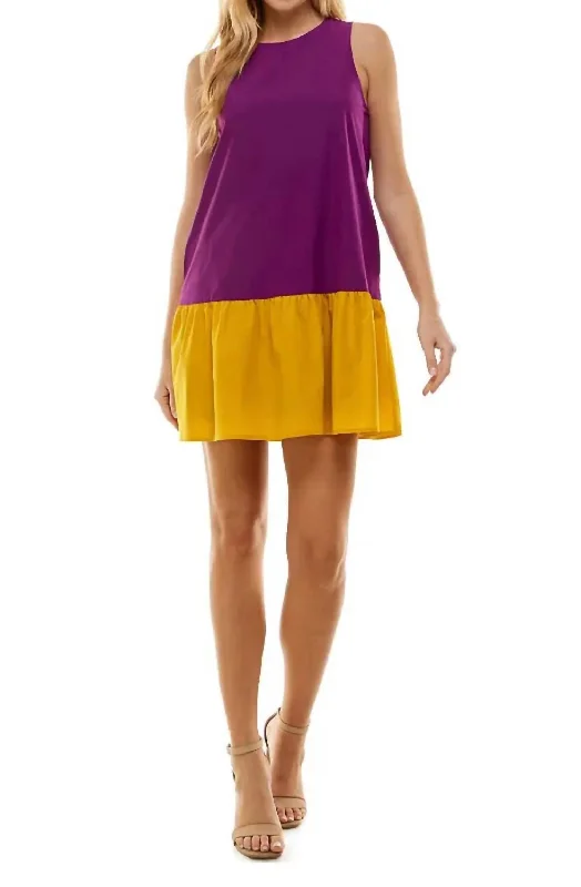 Color Block Dress In Purple/yellow Stretchy unclassified dresses