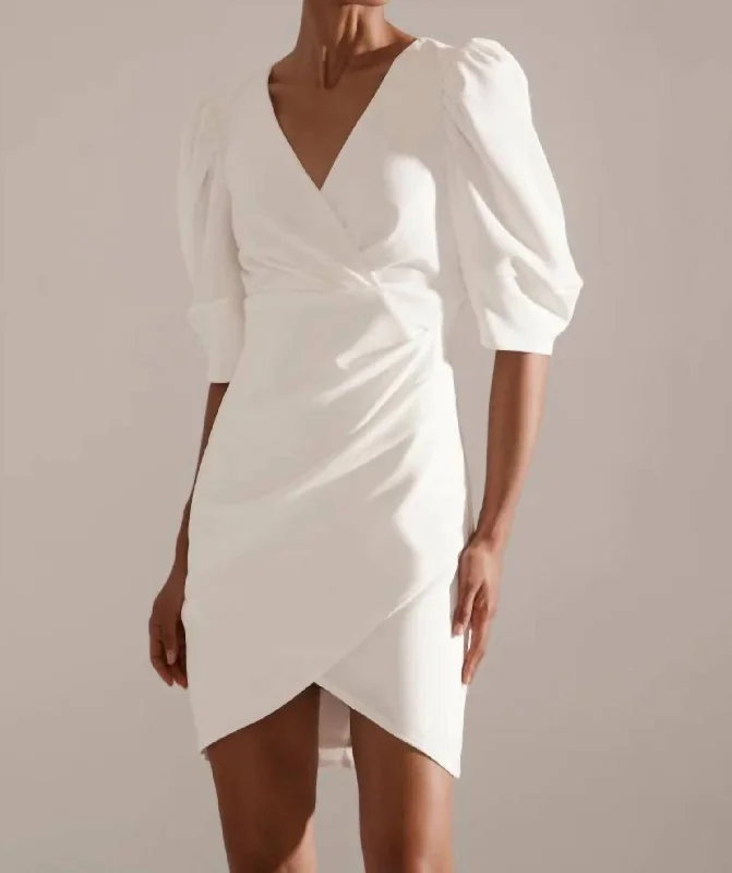 Crepe Wrap Puff Sleeve Dress In Ivory Elegant unclassified dresses