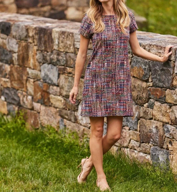 Ella Printed Ponte Dress In Modern Tweed Navy Graduation unclassified dresses