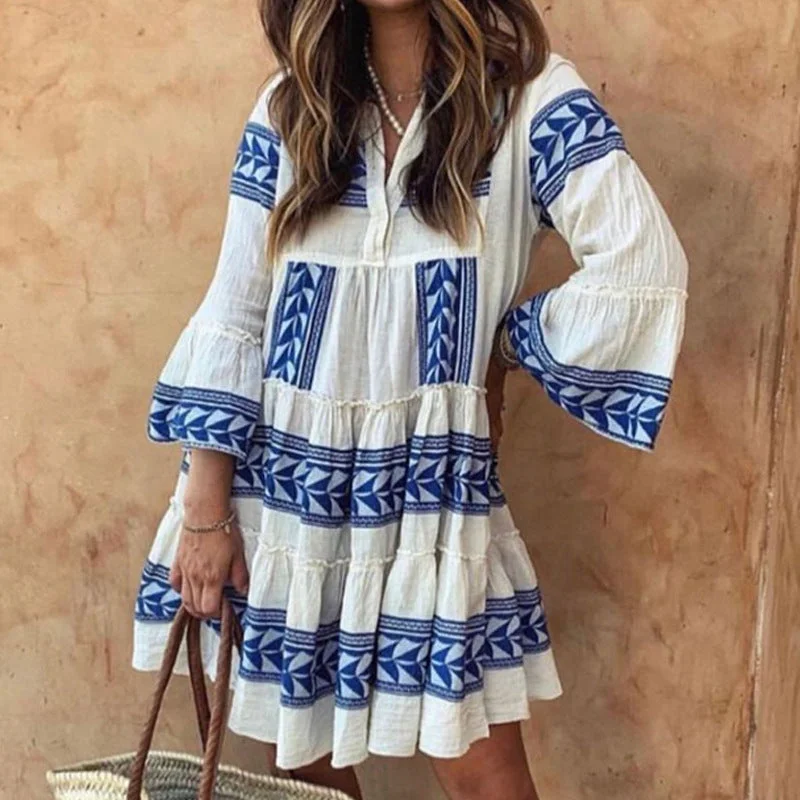 Fashionable Women Bohemian Print Vacation Maxi Dress Front Slit Maxi