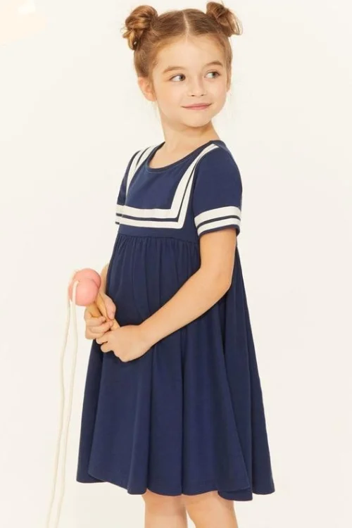 Frocks for Girls Summer Baby Girl Children Clothes Cotton Navy Blue School Draped Dresses for Kids 2-7 Years Casual chic unclassified dresses