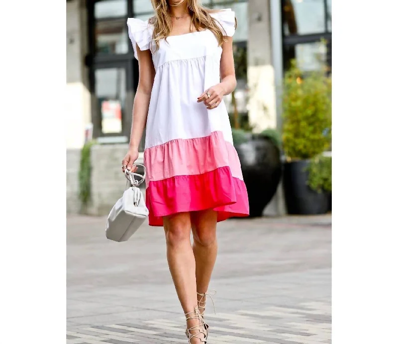 Harrison Ruffle Dress In White/pink One-shoulder unclassified dresses