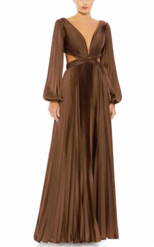 Ieena For Mac Duggal Long Sleeve Pleated Cut-Out Gown In Espresso Ruffled Maxi Skirt