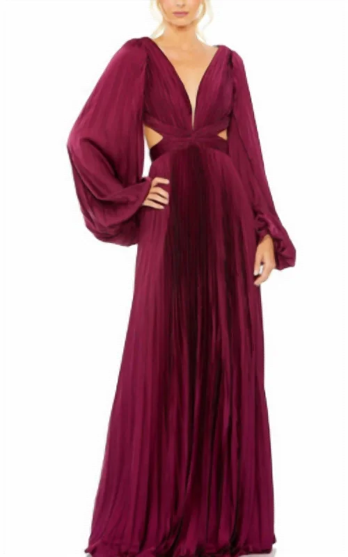 Ieena For Mac Duggal Long Sleeve Pleated Cut-Out Gown In Wine High-Low Maxi Skirt