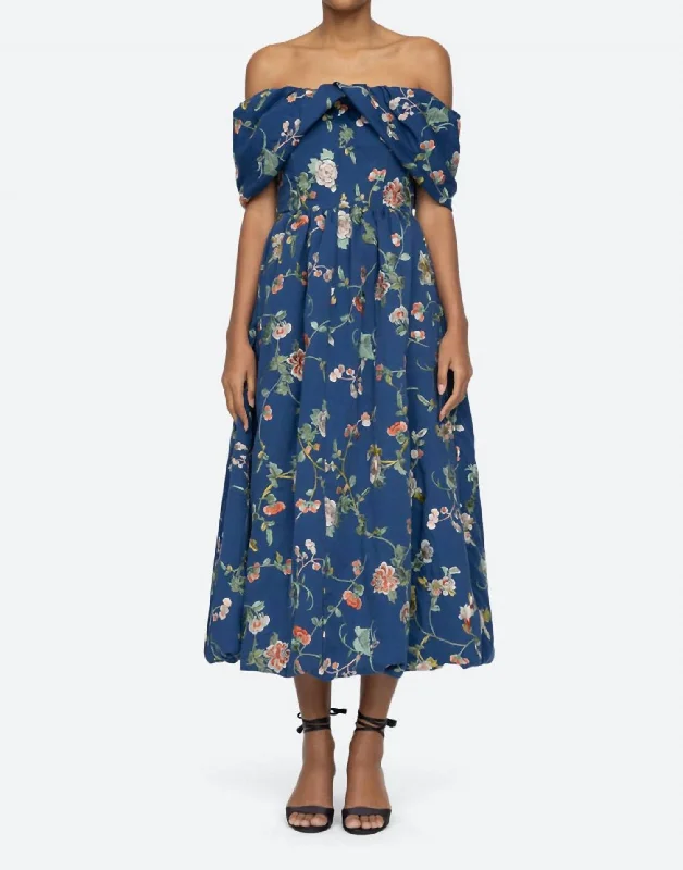 Julian Embroidery Off Shoulder Dress In Navy Denim unclassified dresses