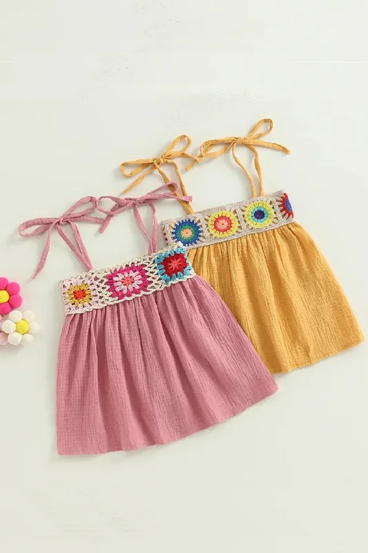 Kids Girls Dress Crochet Embroidery Sleeveless Tie-Up Spaghetti Strap Cami Dress Summer Casual Clothes Princess Dress Satin unclassified dresses